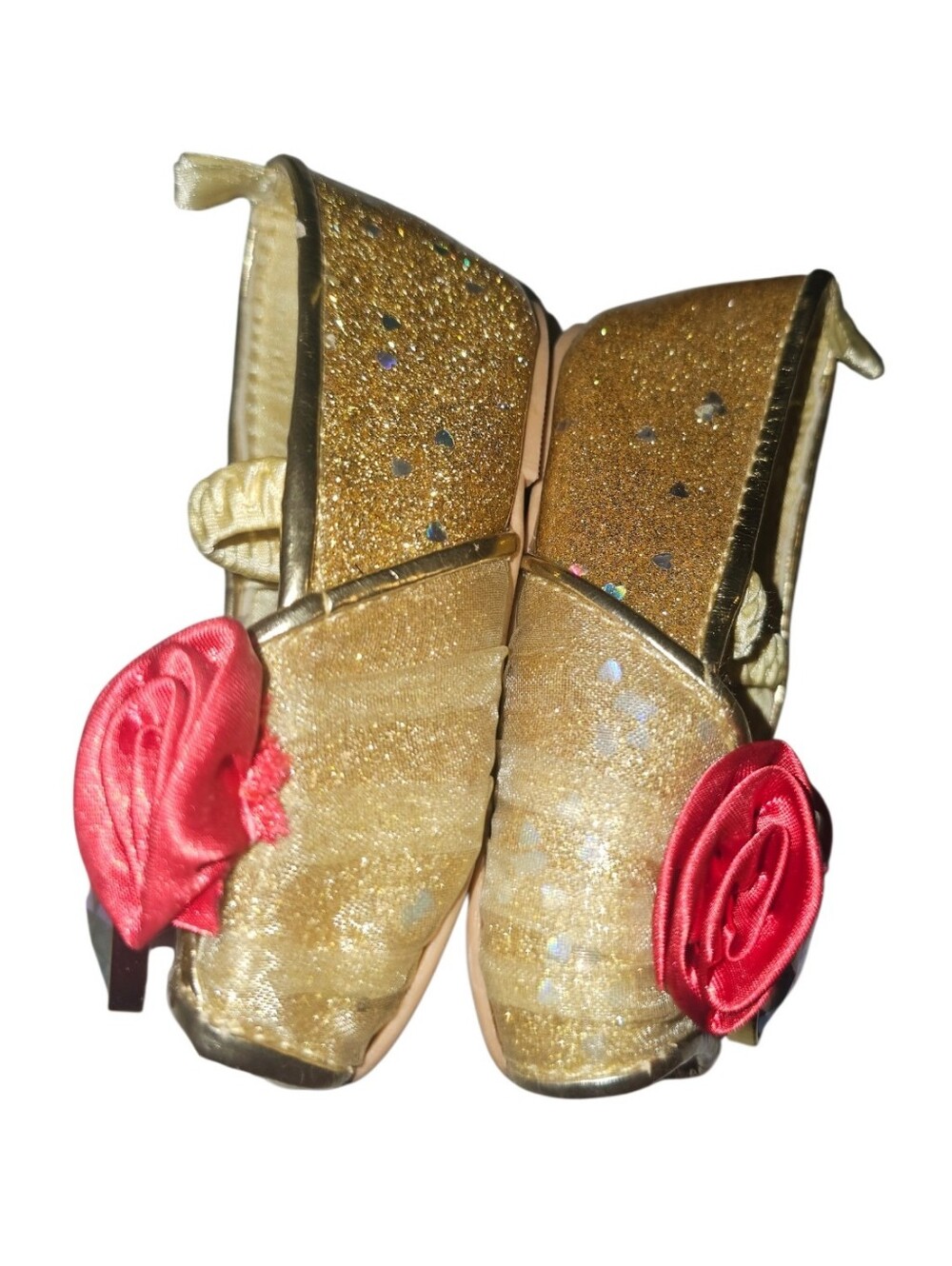 Disney Belle Gold Glitter Shoes with Red Rose Accent